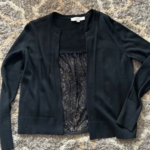 Black open front cardigan from Loft. Lace back. Size small.